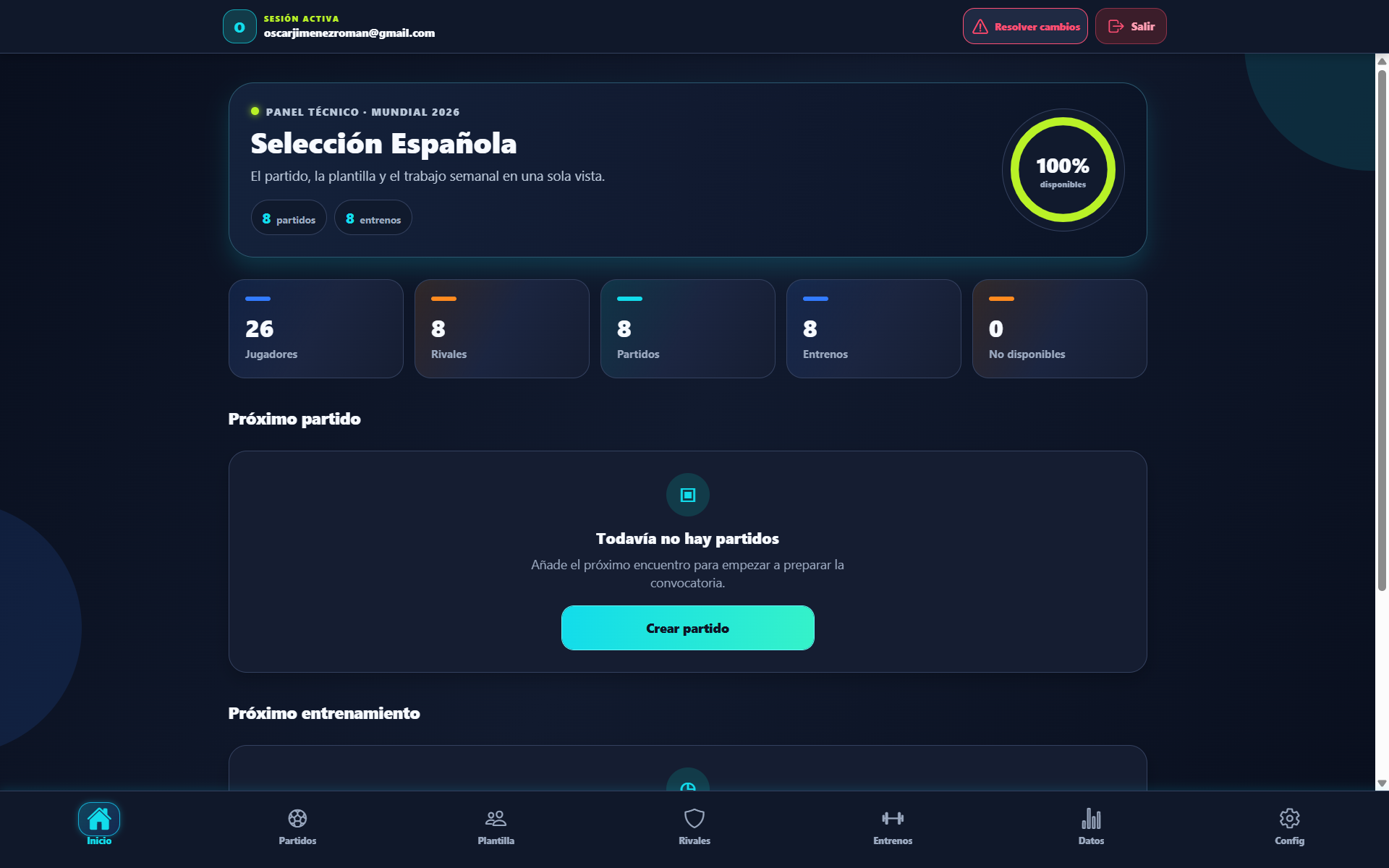 Panel de inicio real de Mi11Pro con el resumen de la Selección Española