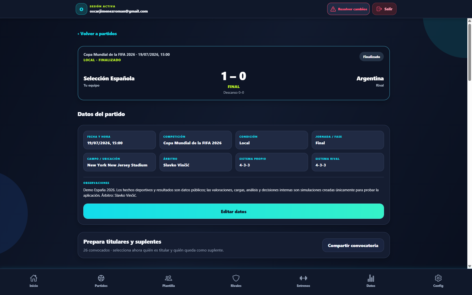 Preparación real de un partido