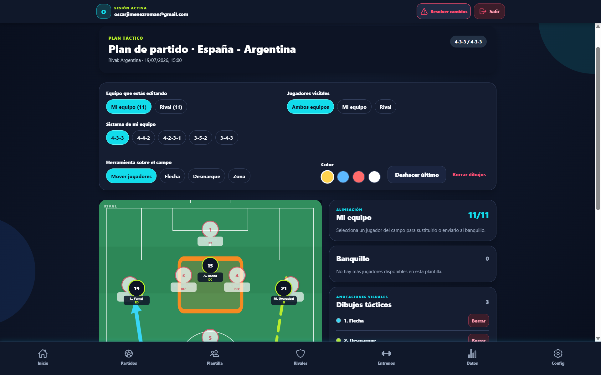 Pizarra táctica real con alineación y anotaciones visuales