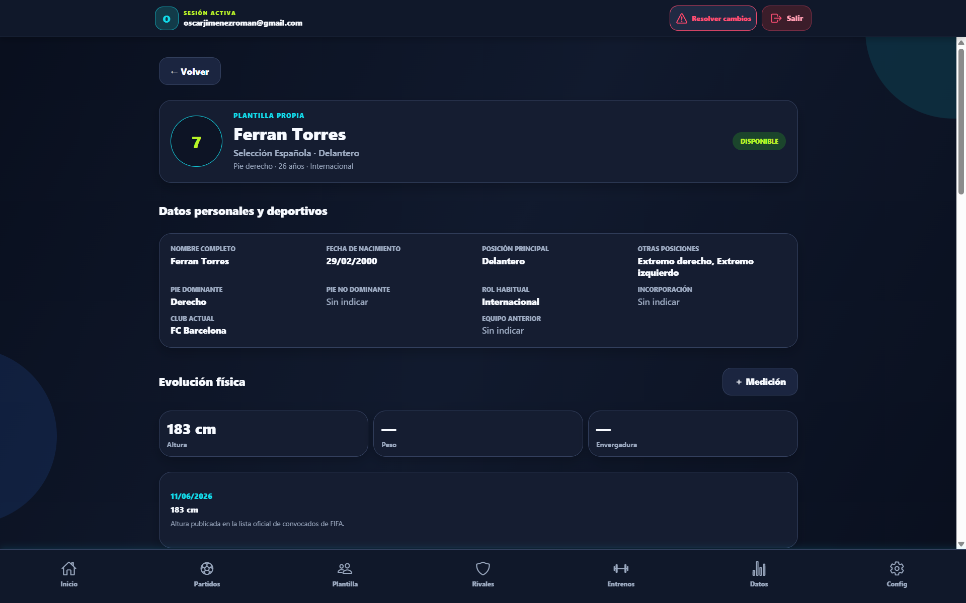 Ficha real de Ferran Torres con datos deportivos y evolución física