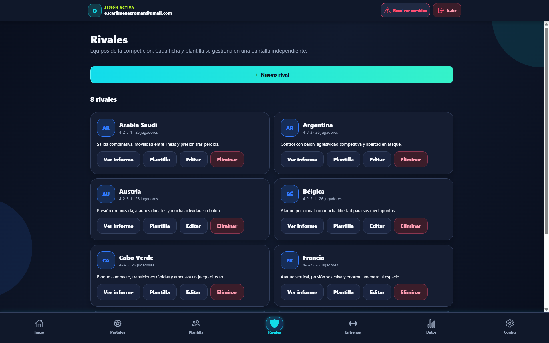 Listado real de rivales y accesos a sus informes