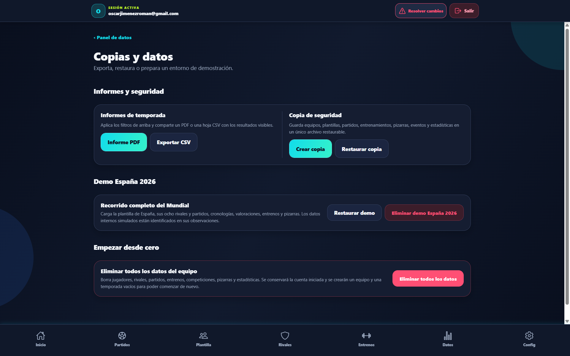 Pantalla real de informes, copias de seguridad y datos