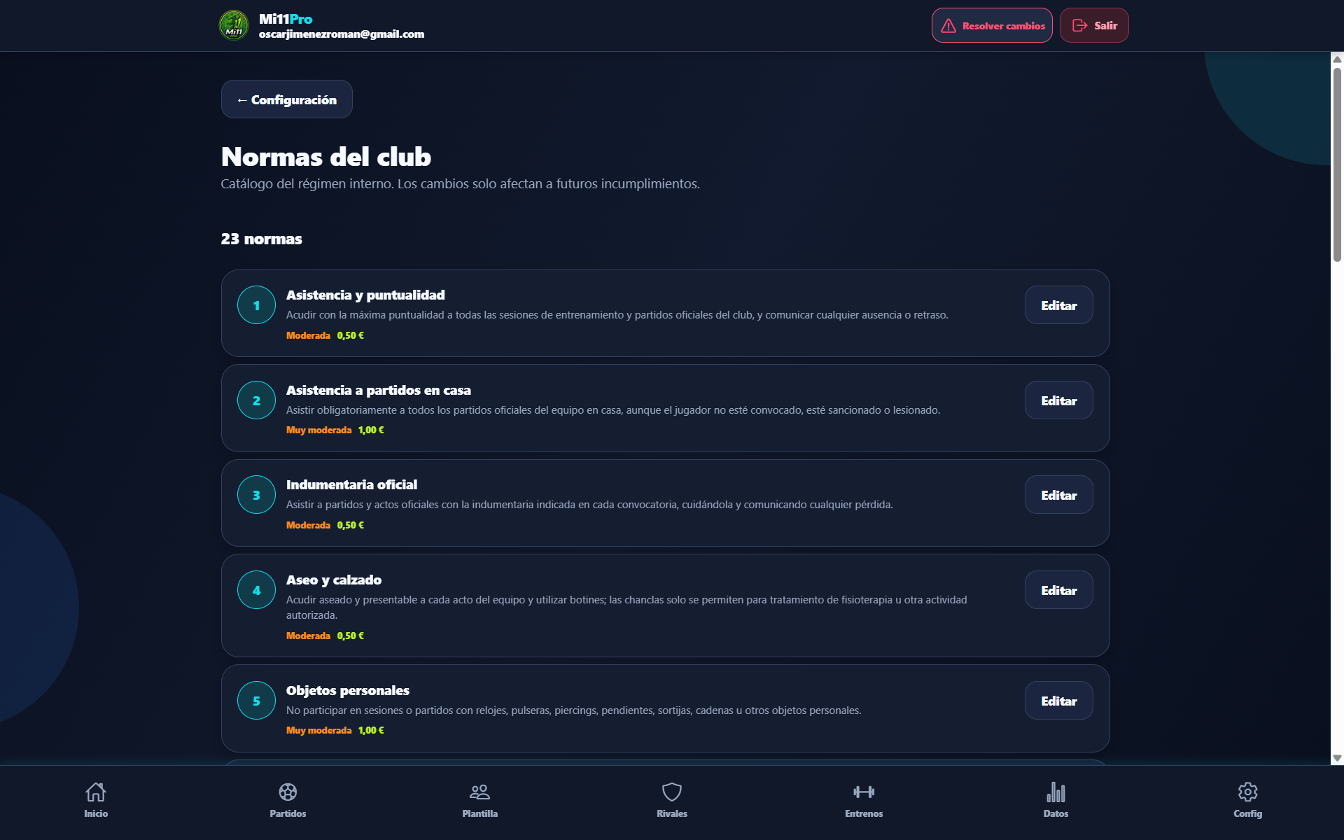 Catálogo real de normas del club con gravedad y sanciones configurables