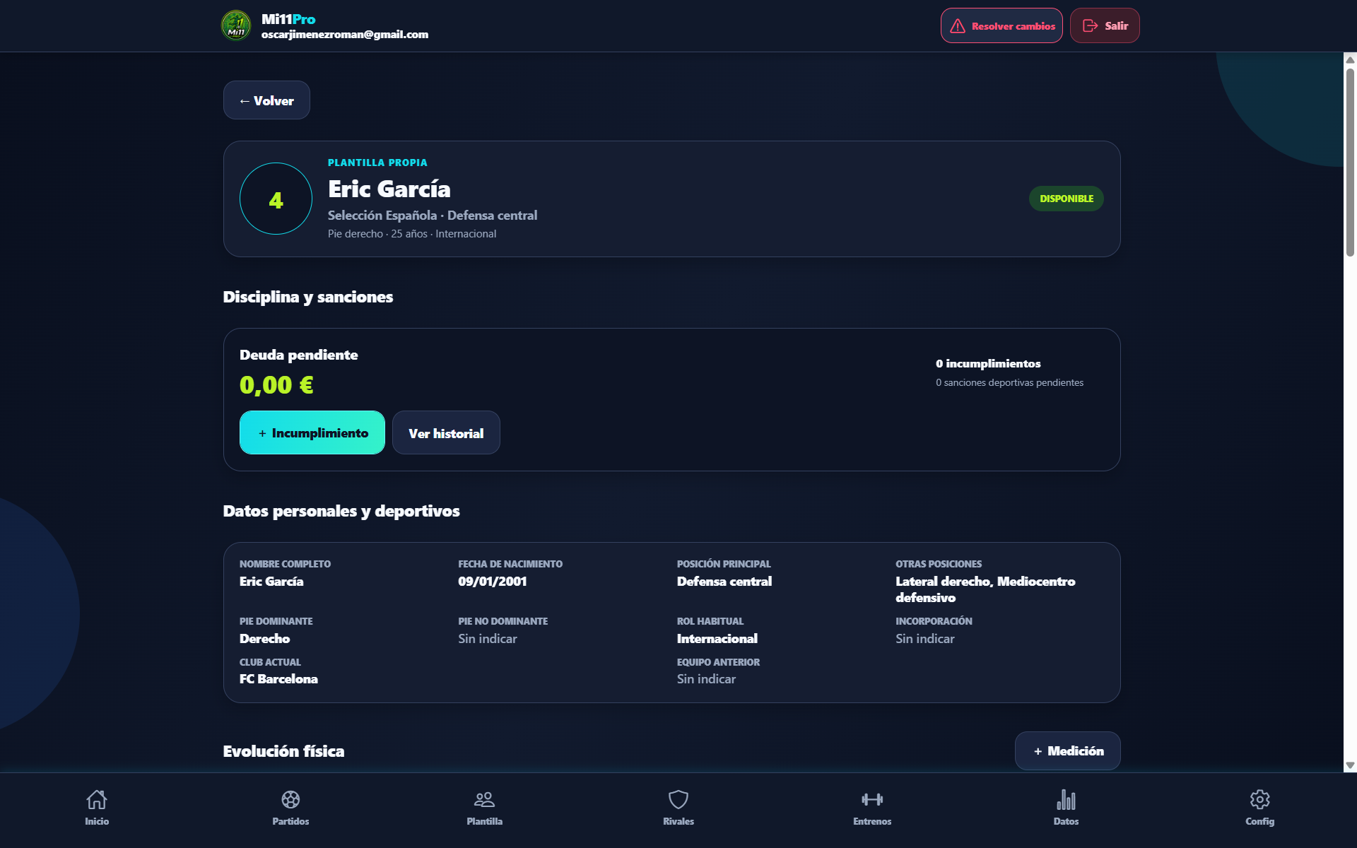 Resumen real de disciplina, deuda e incumplimientos en el perfil del jugador